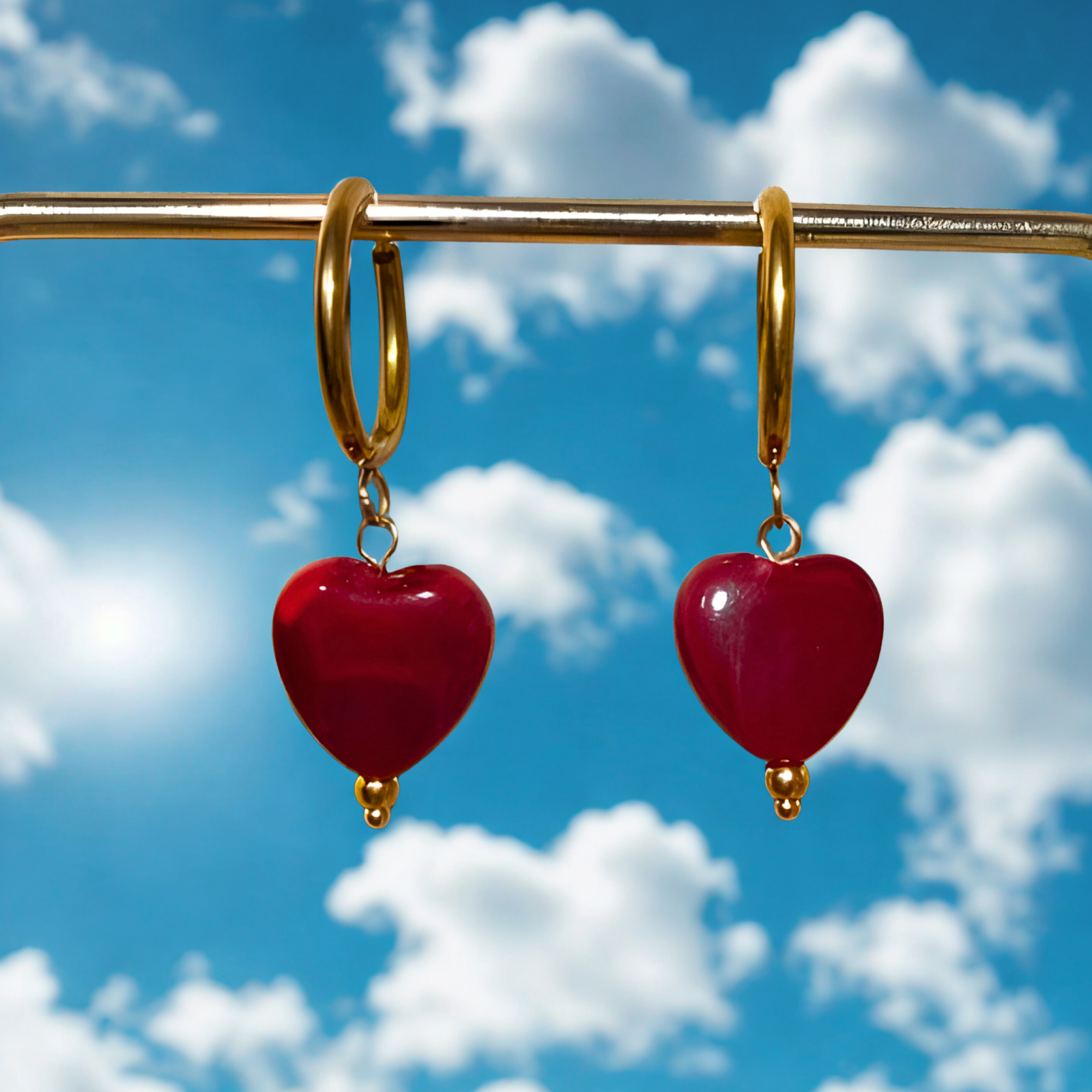 Cœur de Rubis Boucles d'oreilles Fait main en acier inoxydable doré